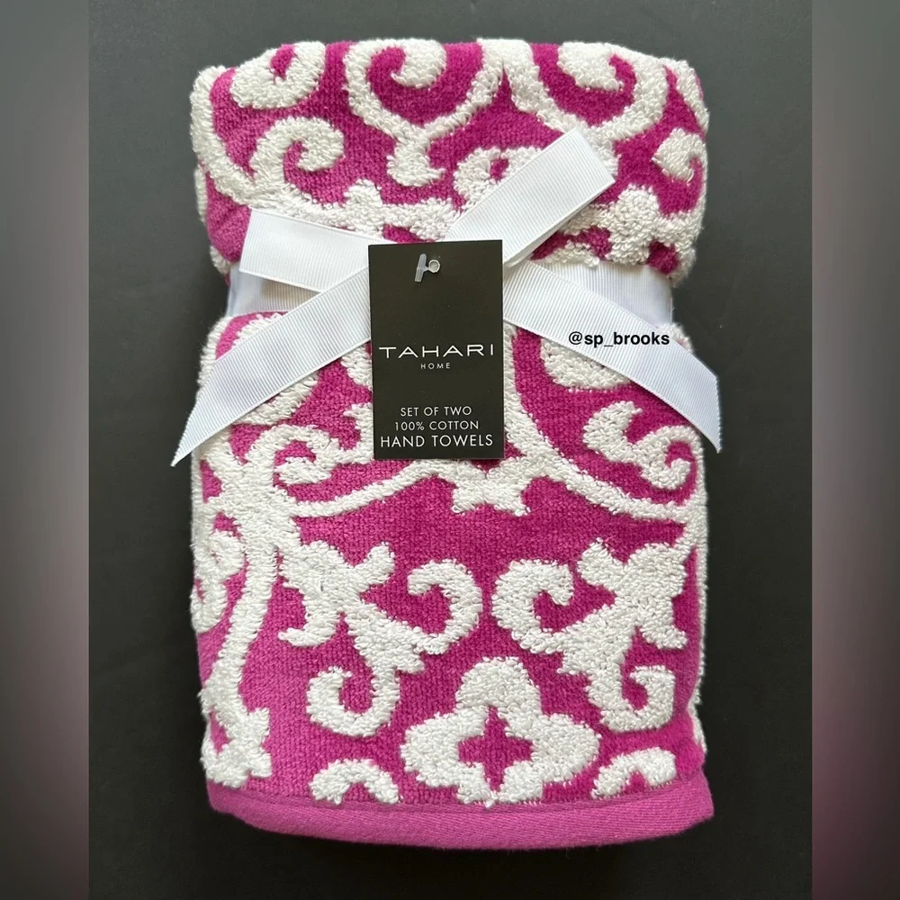 🎁6PC Tahari Bath Towel Set -Fuchsia Scrolls Decorative Towels- Reginazt - Cotton